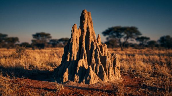 A cathedral termite mound on red earth at golden hour
