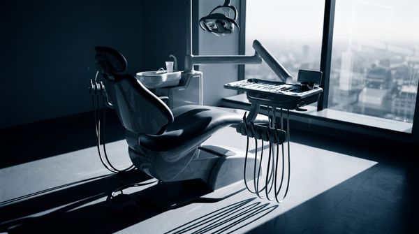 An empty dental chair beside a window in early morning light