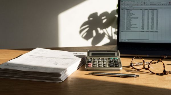 A desk with a stack of software invoices, a calculator, reading glasses and a laptop spreadsheet out of focus