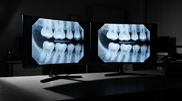 The same dental bitewing radiograph shown on two monitors side by side in a dim office