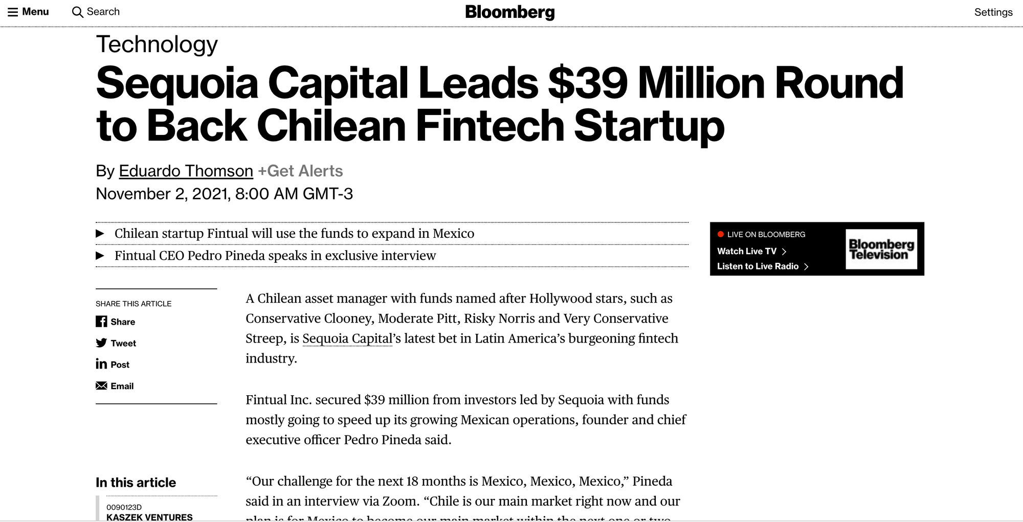 Nota Bloomberg: Sequoia Capital invierte en Fintual