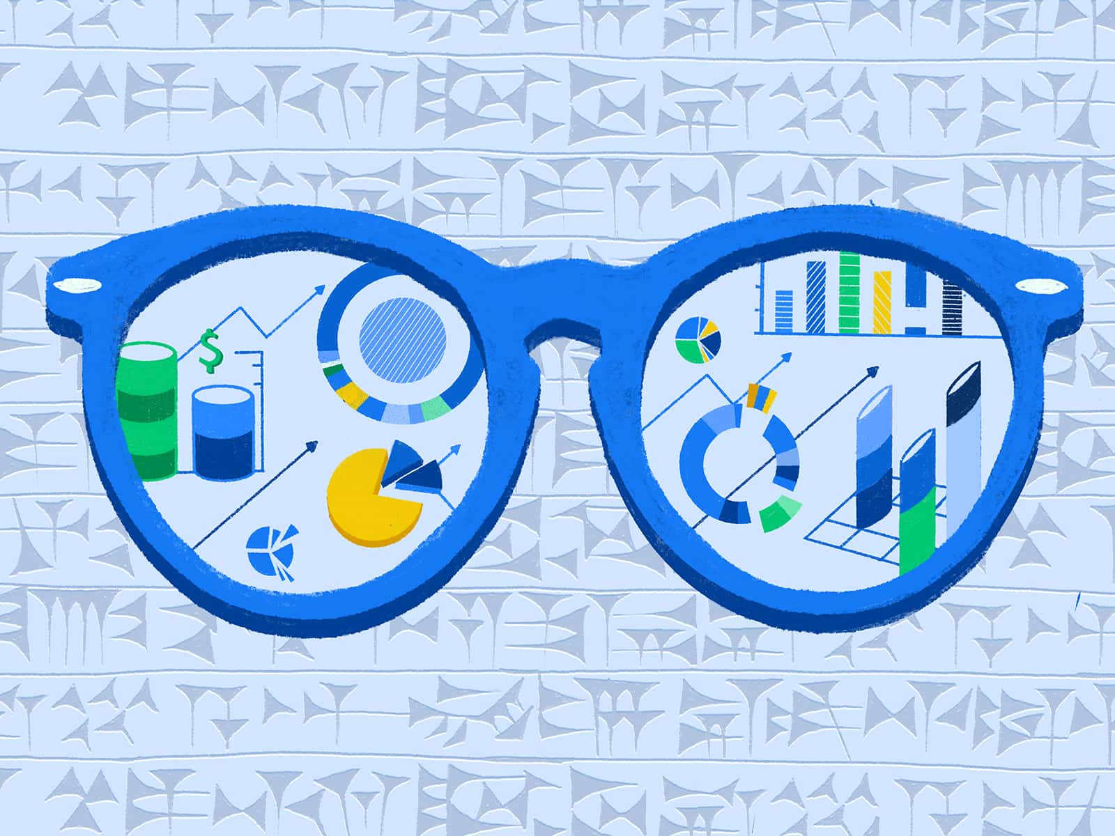 Lentes con símbolos de datos, gráficos y líneas.