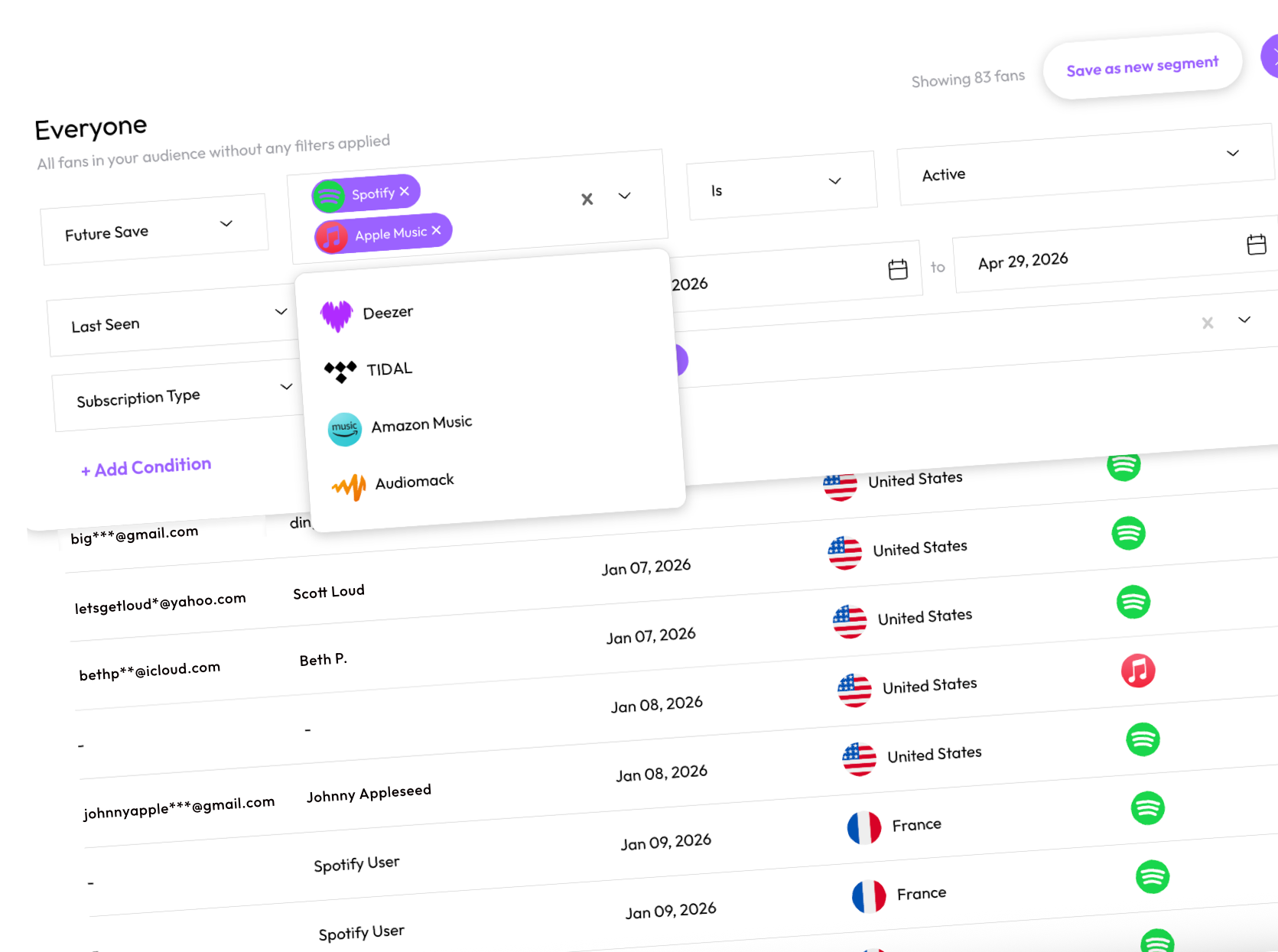 Feature.fm audience dashboard showing fan records