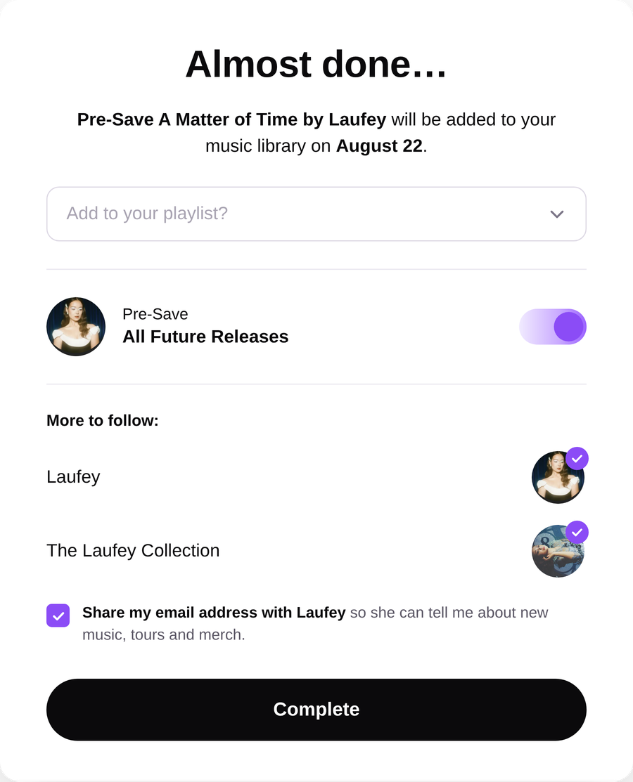 Feature.fm pre-save confirmation for A Matter of Time
