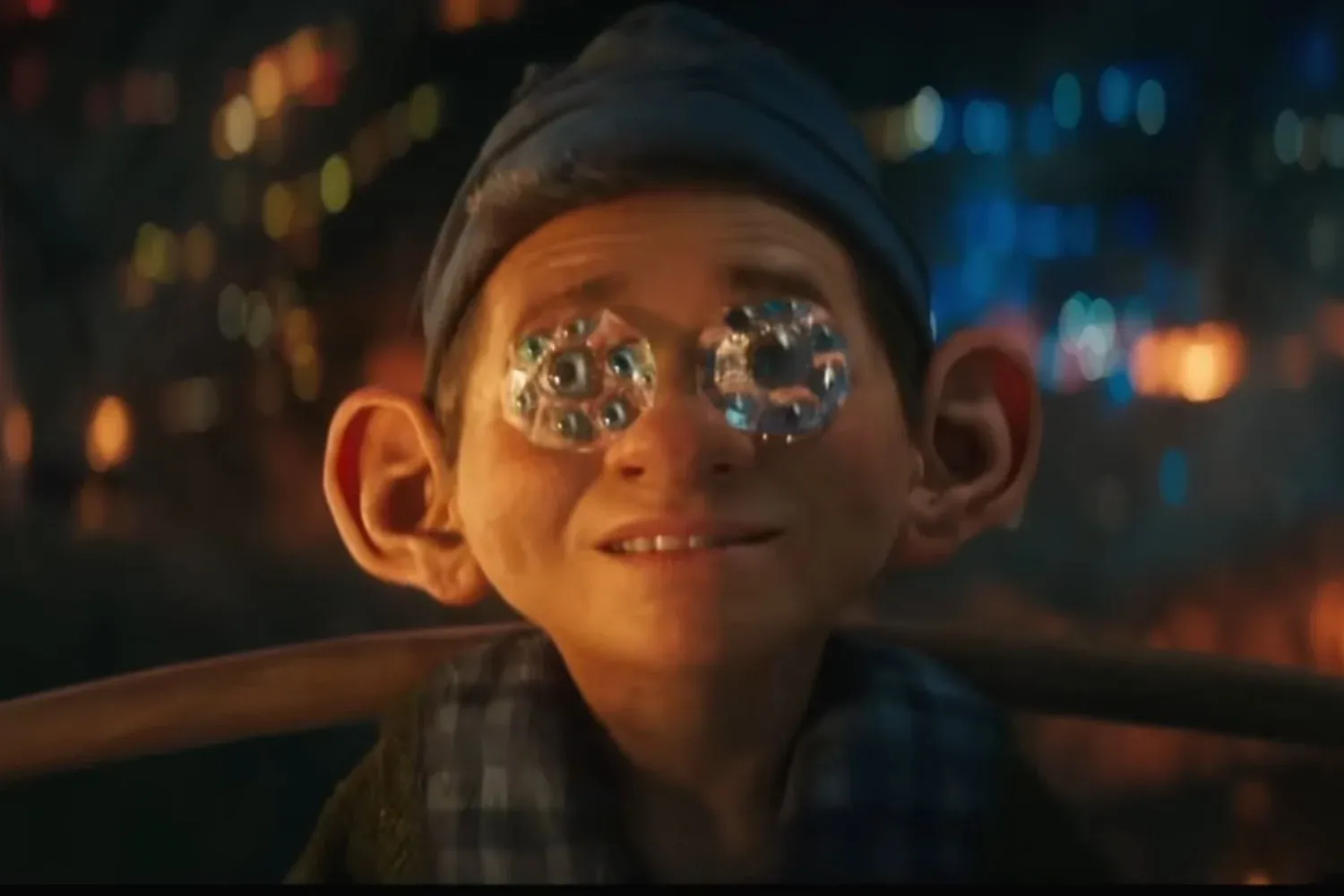 Realistically-rendered dwarf Dopey, with diamonds covering his eyes and reflect them out, which looks not charming as it was in 2D but like a biblically accurate angel.