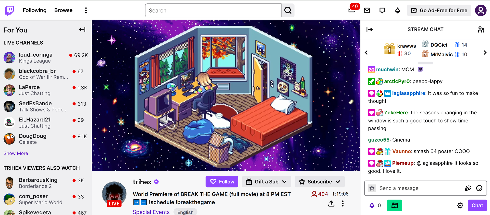 A Twitch screenshot of a shot of a pixel art scene, an isometric view of a bedroom diorama, in which a woman sits at a computer, looking in at still another scene.