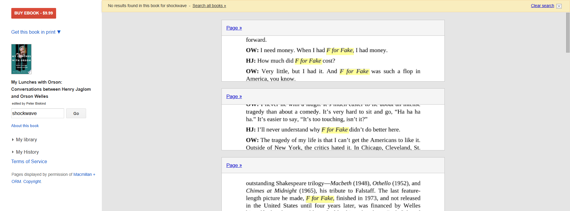 A Google Books screenshot of My Lunches With Orson, with 'shockwave' written in the search bar on the left. At the top an error: "No results found in this book for shockwave." Below it are highlighted excerpts from a previous search, for "F for Fake."