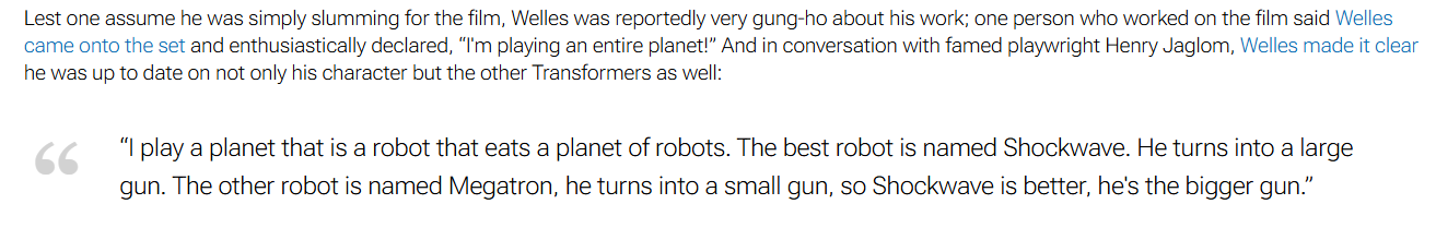 A screen of text I don't want copied. Suffice to say it portrays Welles as enthusiastic about the role and the specific character Shockwave.