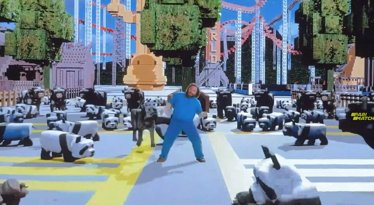 Jack Black in a sparsely-detailed geometric environment, surrounded by blocky-looking pandas..