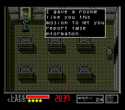 Screenshot from Metal Gear for the MSX2. Two figures stand on opposite ends of a room, the top one with a text box that reads, "I gave a rookie like you this mission to let you report false information.""
