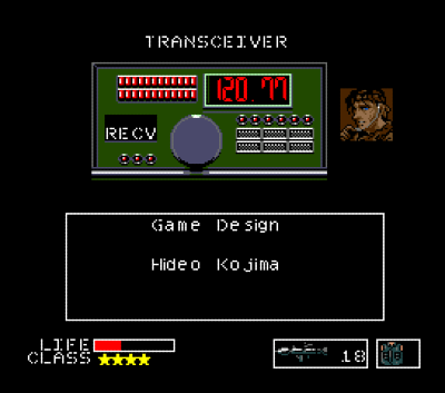 A pixel art representation of a radio. Above it, the word 'Transceiver.' To the right a portrait of a man adjusting a radio headset receiver. The text box below it reads, "Game Design: Hideo Kojima."