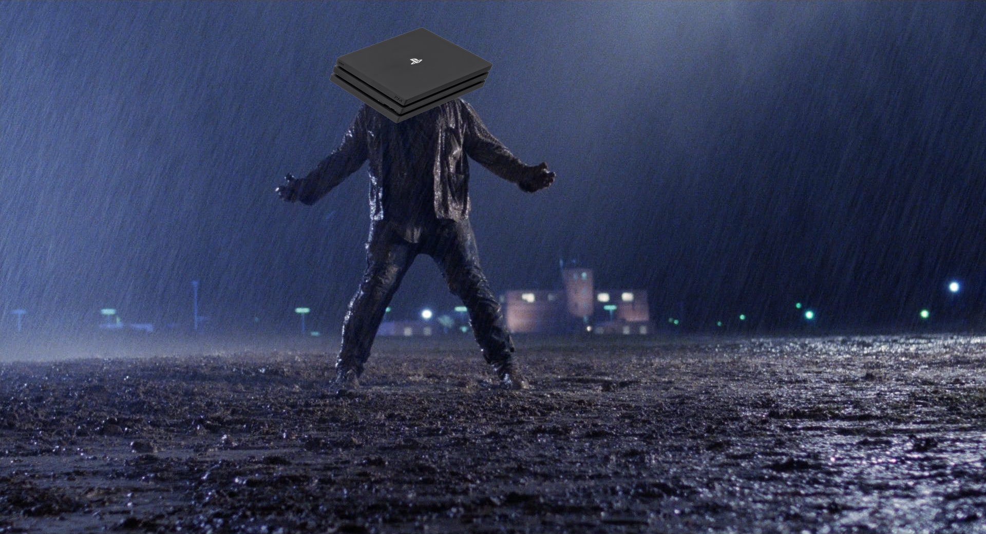 Scene from Raising Arizona, in which John Goodman's prisoner character has emerged in a rainstorm after digging his way out of prison.