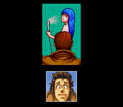 Portrait image of a young naked blue haired woman holding a shower head, the view of her body covered by the back of a man's head. Below a shot of the man, staring in wide-eyed amazement.