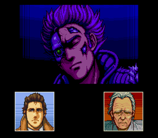 In a blue water-colored tank, and man with blond hair, floating, a quarter of his face missing flesh with a metal skull beneath. Beneath the screen, square headshots of a young man in a brown trenchcoat and an old man in grey.