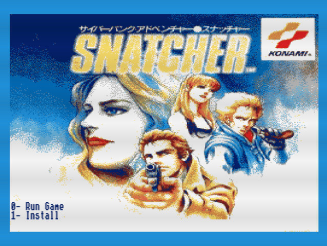 Snatcher title screen. A pixel art composite image of a man in a trenchcoat aiming a pistol, and behind him the face of a woman, a young girl, and a man in leather resting a rifle on his shoulder.