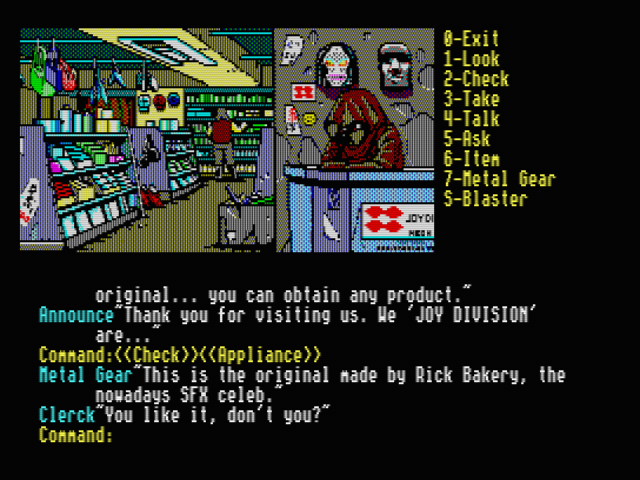 A black screen with a smaller slide in the upper left corner showing the interior of a shop, with a hooded shopkeeper and behind him masks of the Predator and a Moai head. Below it dialogue text includes references to Joy Division and the Hollywood effects artist Rick Baker.