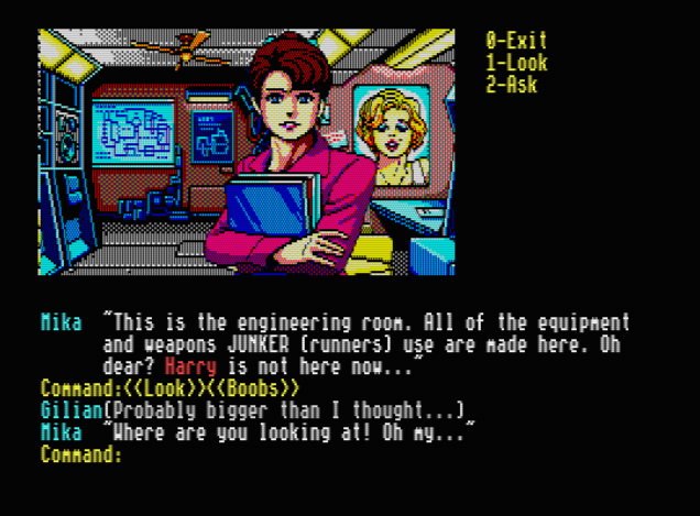 Image of a pretty brunette in business attire looking at the camera, arms crossed. In the dialogue below, the player has selected commands Look and Boobs. Gilian, thinking: Probably bigger than I thought... Mika: Where you looking at! Oh my...
