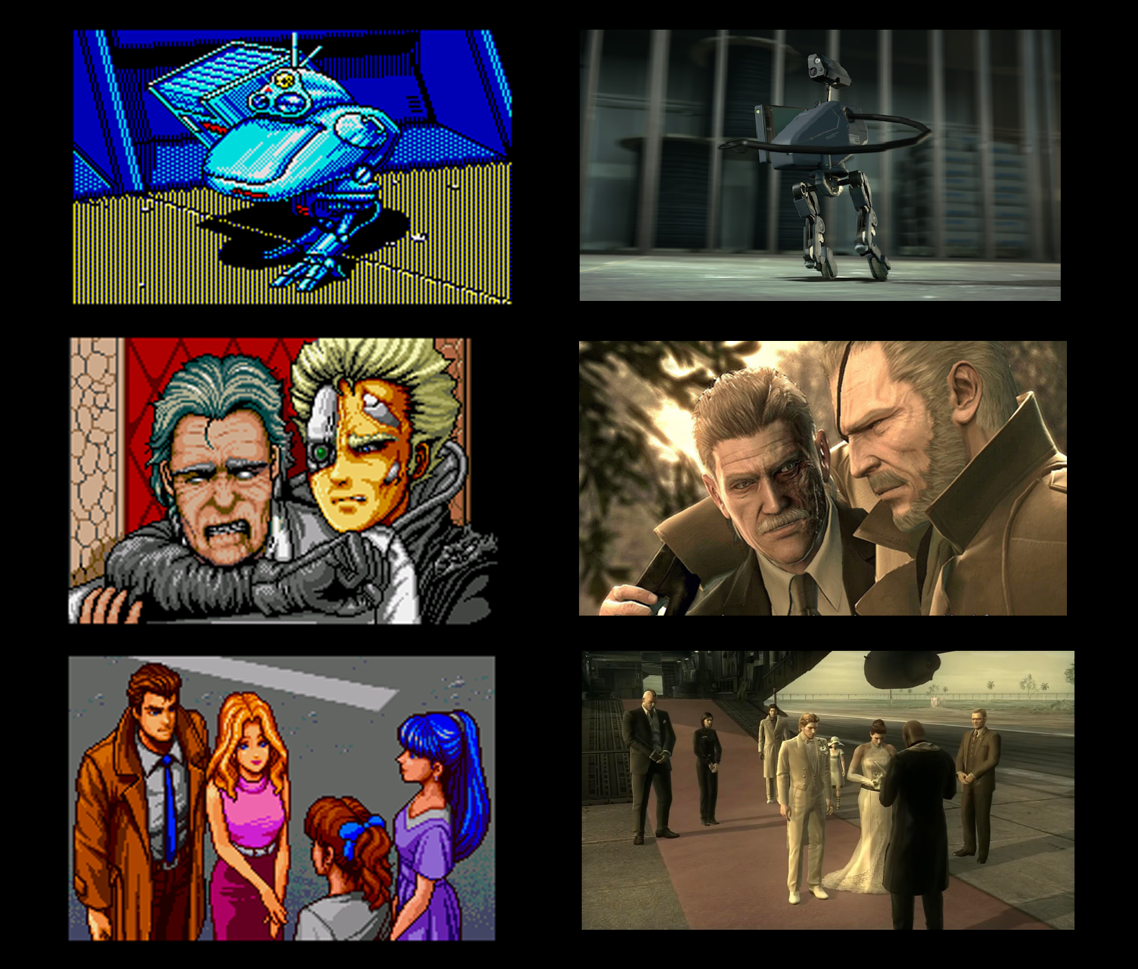 Six screenshots in three rows. First row: pixel art image of a small bipedal mech. Next to it, a realistic image of a similar mech. Second row: the man missing his face putting the old man in a headlock. Next to it, an old man in an eye patch puts his arm around another old man with half his face burnt. Third row: a man and woman talking to two women on a grey runway. Next to it, a man and woman in wedding attire, surrounded by others on a runway.