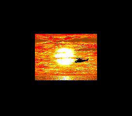 Pixel art image of a helicopter flying toward an orange and yellow sunset over the ocean.