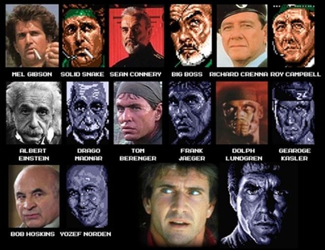 Mel Gibson as Solid Snake, Sean Connery as Big Boss, Richard Crenna as Roy Campbell, Albert Einstein as Drago Madnar, Tom Berenger as Frank Jaegar, Dolph Lundgren as George Kasler, Bob Hoskins as Yozef Norden.