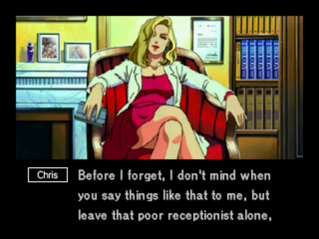 A blond woman in a red dress and white lab coat, sitting in a leisure chair and facing the camera, with her legs crossed ala Sharon Stone in Basic Instinct.