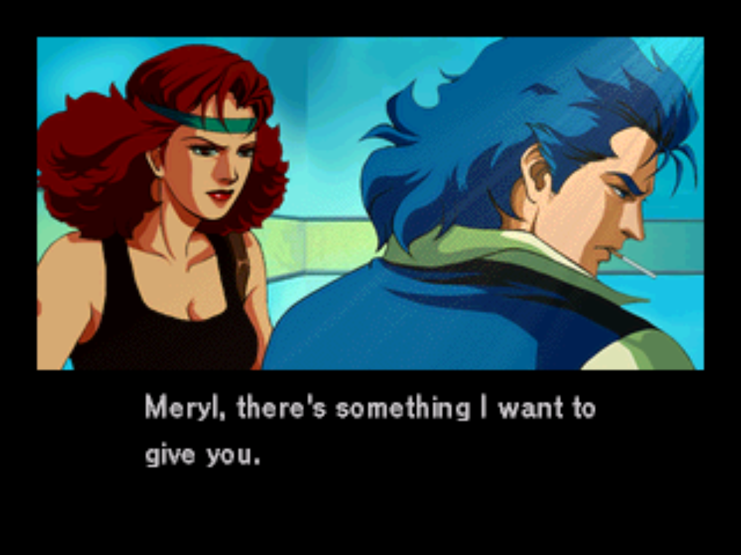 Anime screenshot of Meryl, recognizably from Metal Gear Solid, looking at a different dark-haired protagonist with a cigarette hanging from his mouth. Caption: Meryl, there's something I want to give you.
