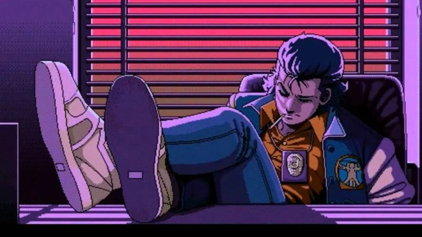 Anime-styled scene of a young man with blue hair and a cigarette in his mouth, a police badge hanging from his neck and a Vitruvian astronaut patch on his jacket, feet up on his desk as light streams through the blinds of his window from the neon-colored outside.