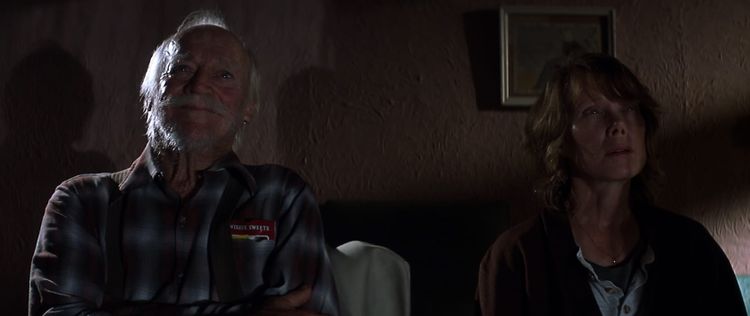 An old man and his middle-aged daughter, both hardy and working-class, sit in a living room looking outward as shadows dance across their faces.