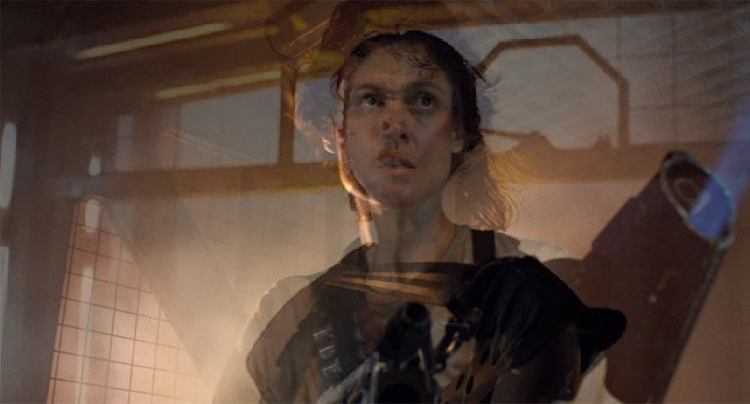 Composite image: in Aliens, Ripley, armed with flamethrower, steps out of an elevator into an alien hive. In Alien: Romulus, protagonist Rain does the same fucking thing.