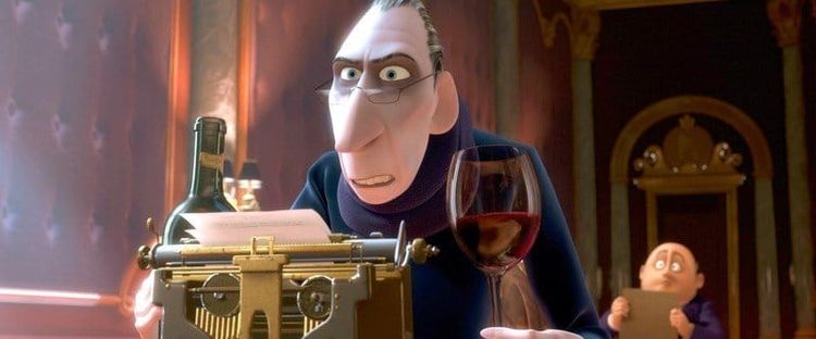 Anton Ego from Ratatouille, at his typewriter with a glass of wine, like a boss.