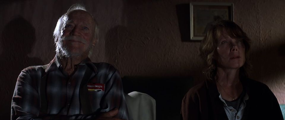 An old man and his middle-aged daughter, both hardy and working-class, sit in a living room looking outward as shadows dance across their faces.