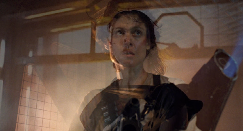 Composite image: in Aliens, Ripley, armed with flamethrower, steps out of an elevator into an alien hive. In Alien: Romulus, protagonist Rain does the same fucking thing.