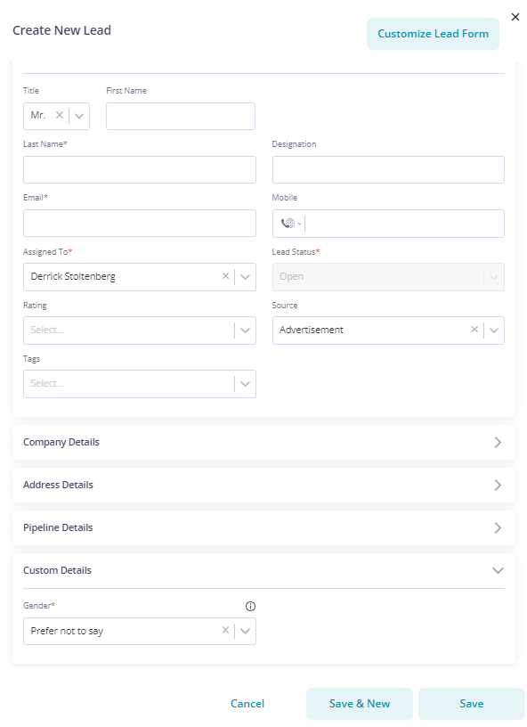 Custom field in leads form