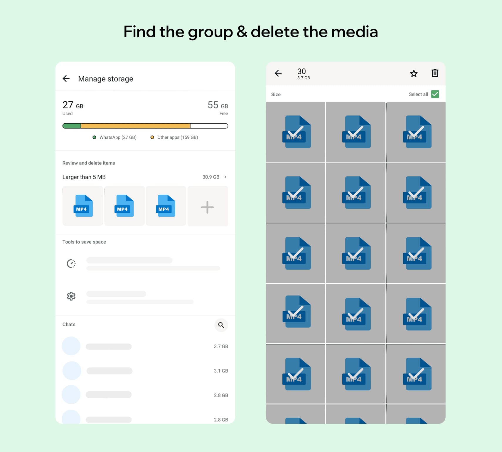 Bulk delete WhatsApp group media via storage