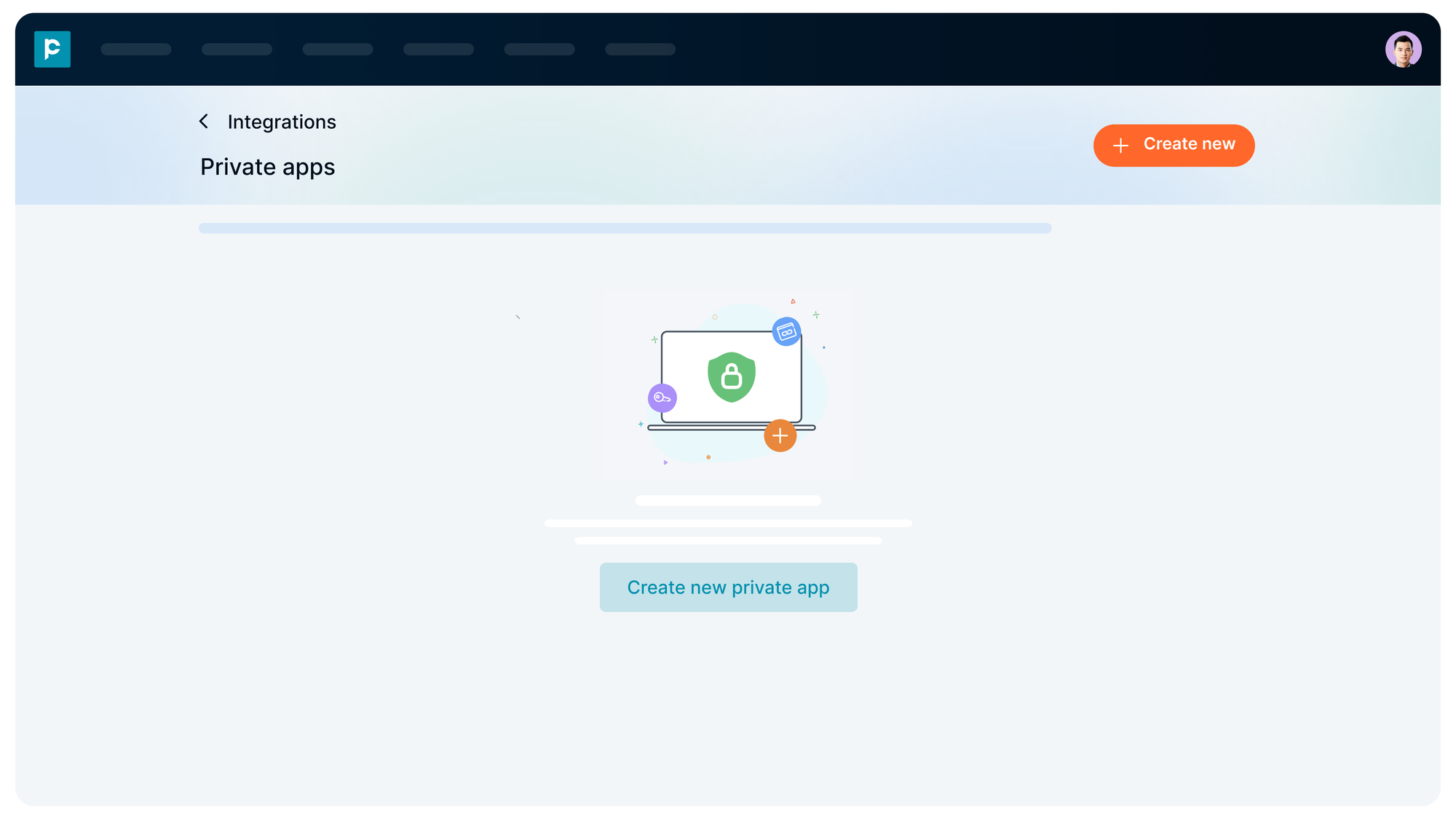 Empty state screen with create new private app button in the Pepper Cloud integration section