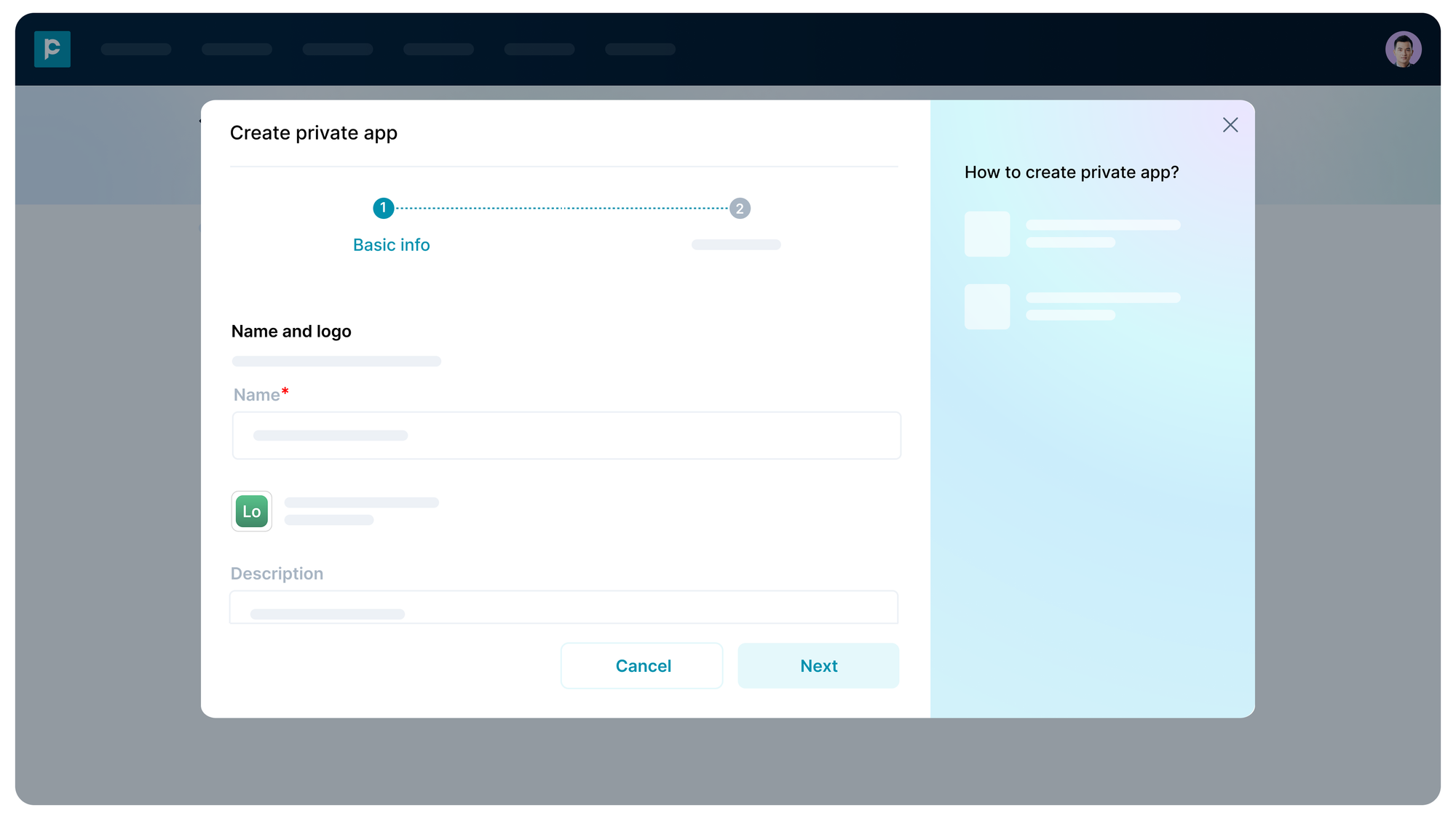 Step 1 of creating a private app, entering app name, description, and uploading logo