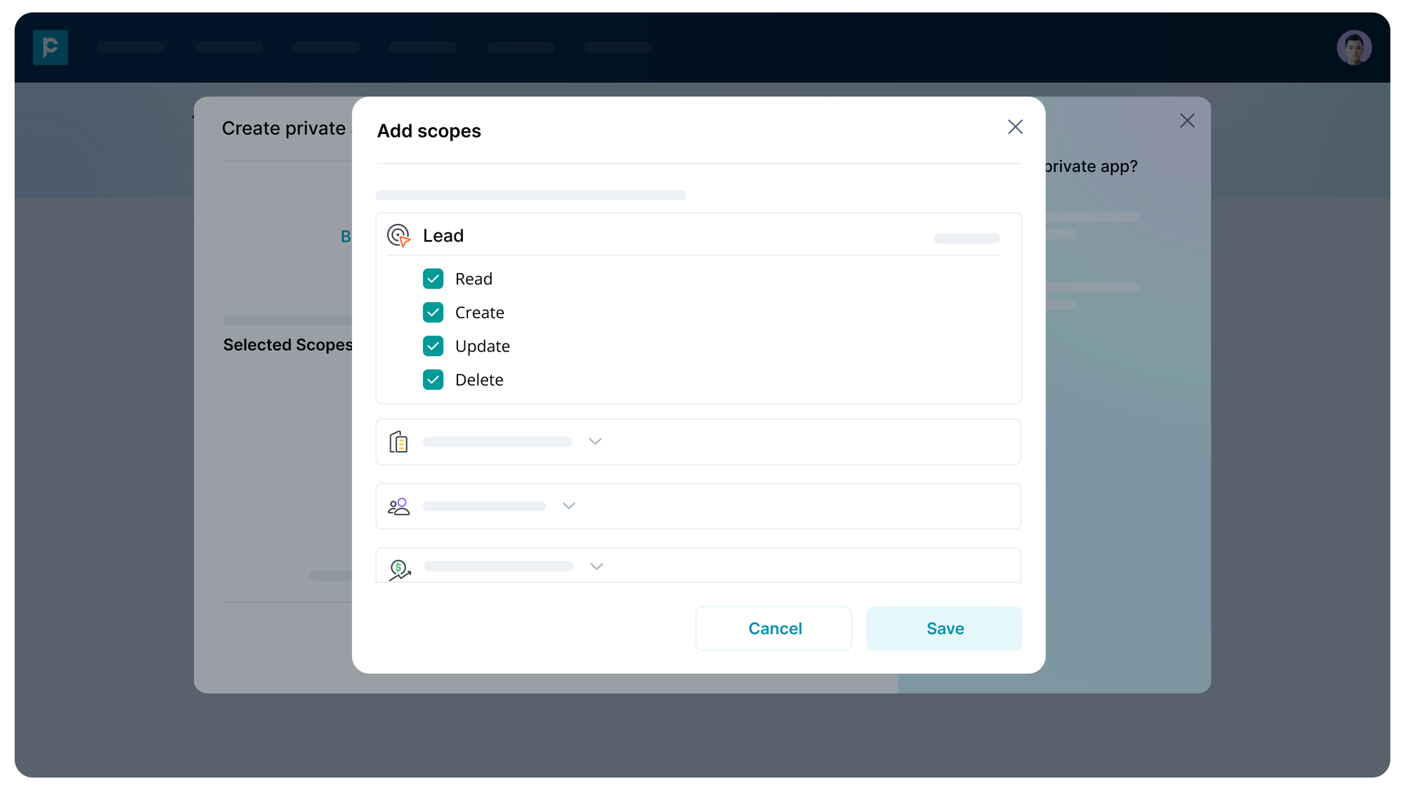 Popup screen for selecting scopes such as Read, Create, Update, and Delete for different modules
