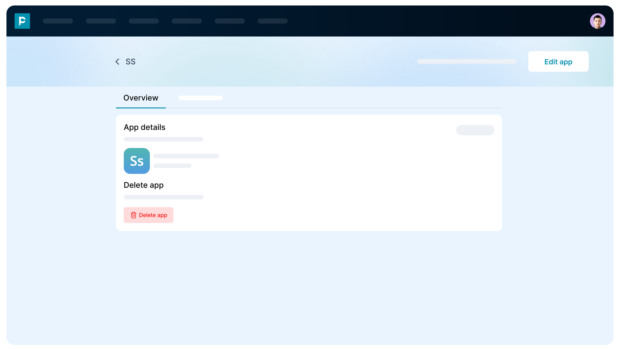 Overview tab of a private app showing app details and delete app button