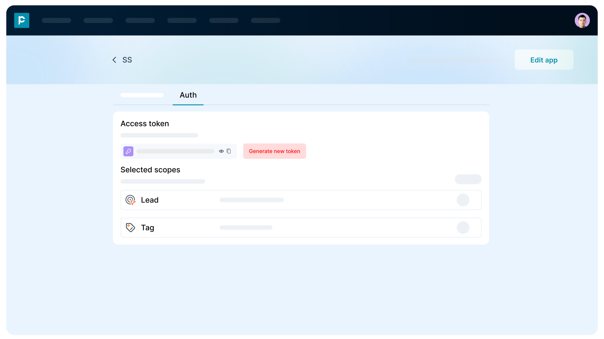 Auth tab displaying access token and selected scopes like Lead and Tag with generate token button
