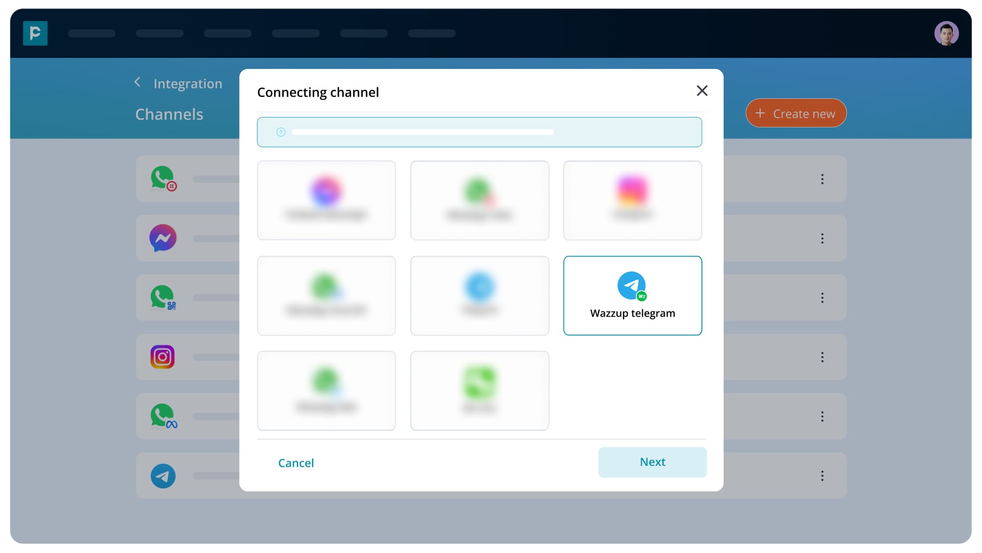 Connecting a new channel in Pepper Cloud CRM, with Wazzup Telegram channel selected on the integration screen