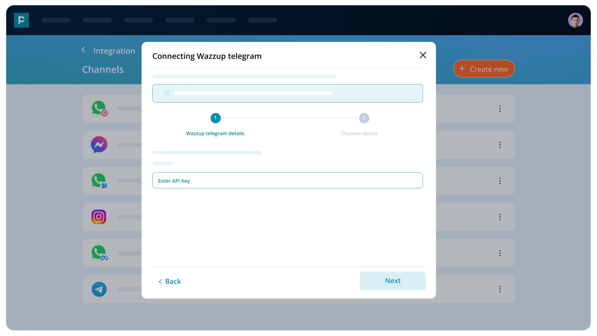 Connecting Wazzup Telegram to Pepper Cloud CRM by entering an API key on the integration setup screen.