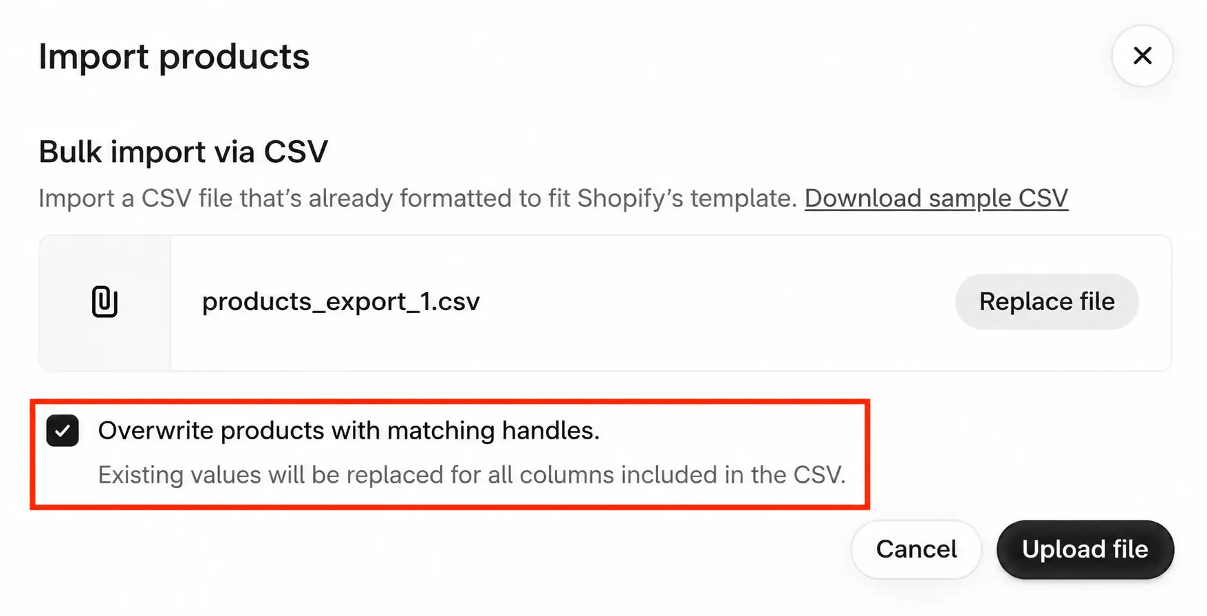 Shopify CSV import window with the “Overwrite products with matching handles” option enabled.