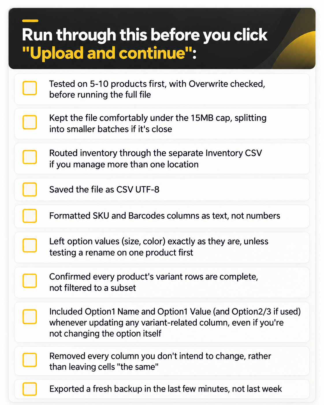 Shopify CSV import checklist with 10 steps to review before uploading and updating product data.