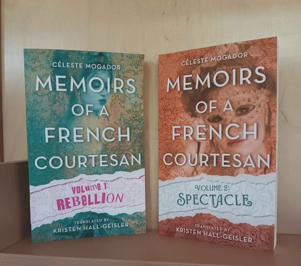 Paperback copies of Memoirs of a French Courtesan Volumes 1 and 2 sit side by side on a shelf.