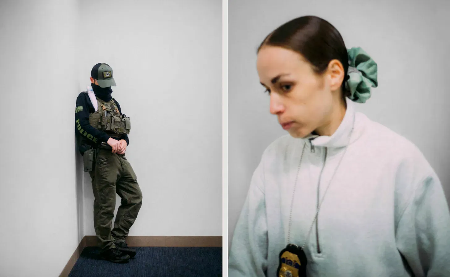 On the left is an armed, masked ICE agent ICE in a tactical vest leaning on a wall. On the right is an unmasked ICE agent with badge around her neck and her hair pulled back severely and held with a green scrunchie.