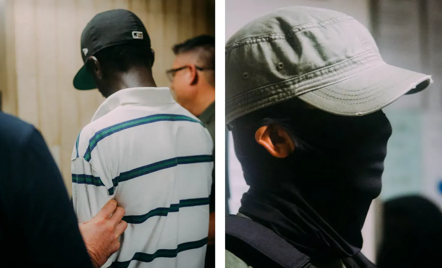 Left: A Black man in a baseball cap being led away by two ICE agents. Right: ICE agent with a full ski mask and a baseball cap.