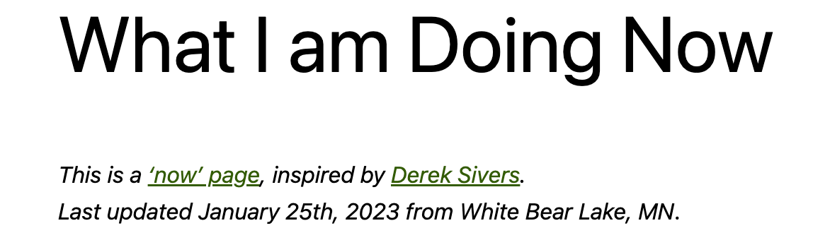 screenshot of a page that says "what I am doing now"