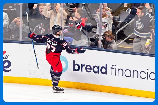Conor Garland of the Blue Jackets celebrates a goal against the L.A. Kings at Nationwide Arena.