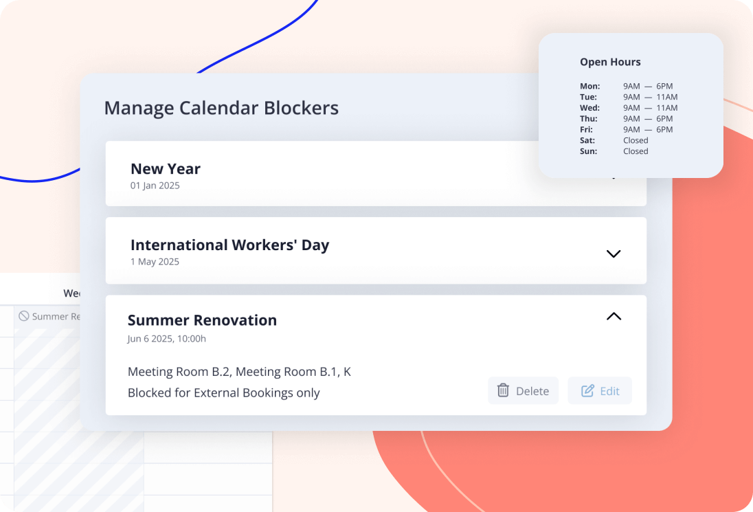 llustration depicting Cobot's Calendar Blocker and Open Hours features, displaying weekdays as open and weekends as closed, with notable events like New Year's and International Workers' Day blocked off.