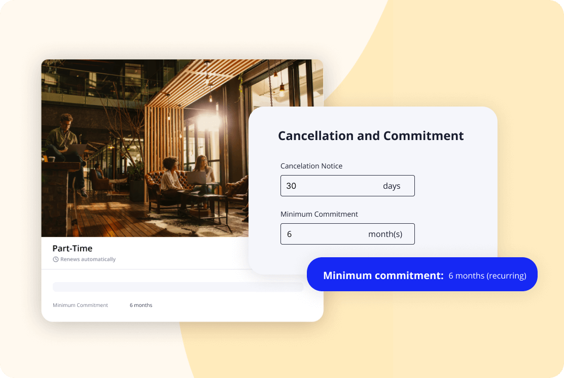 Illustration showcasing Cobot’s membership options with  part-time membership in the background, with cancellation and commitment options in the foreground, featuring cancellation notice and minimum commitments.
